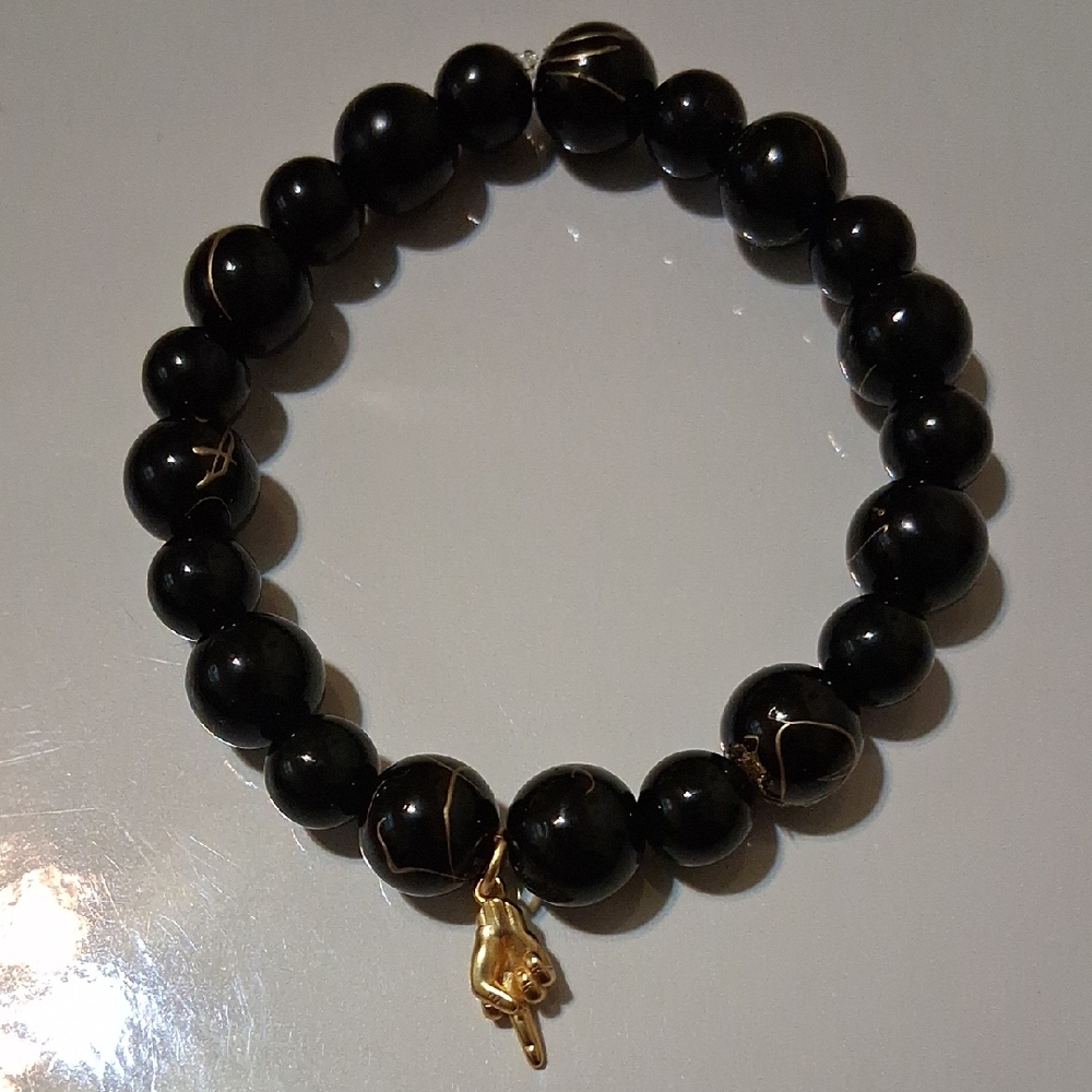 Black Onyx Bead Stretch Bracelet with Gold Charm